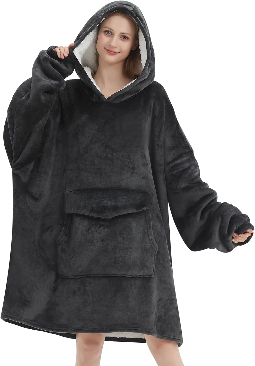 Wearable Blanket Hoodie for Adult,Oversized Sherpa Fleece Blanket Hoodie for Women Men,Grey