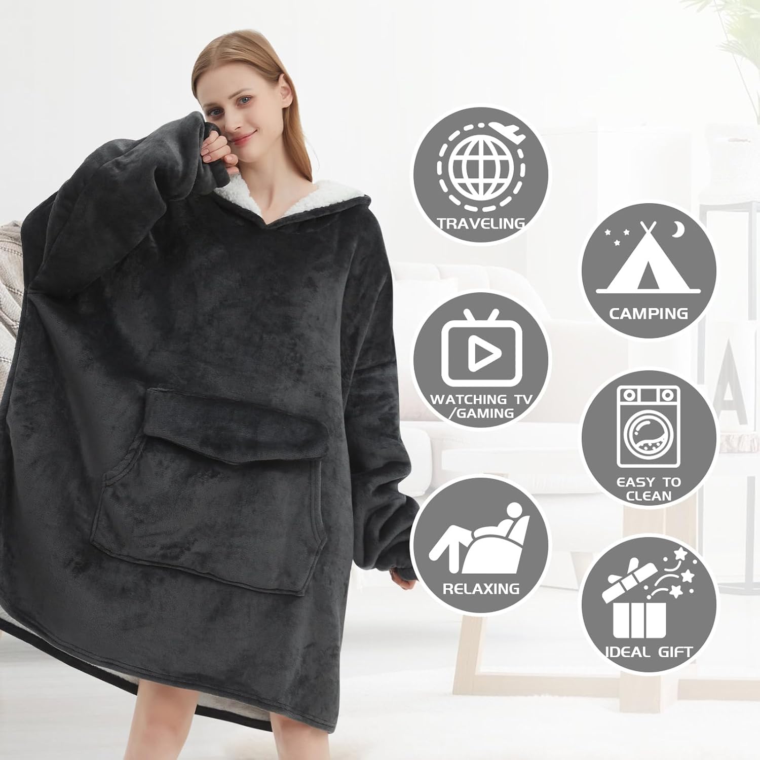 Wearable Blanket Hoodie for Adult,Oversized Sherpa Fleece Blanket Hoodie for Women Men,Grey