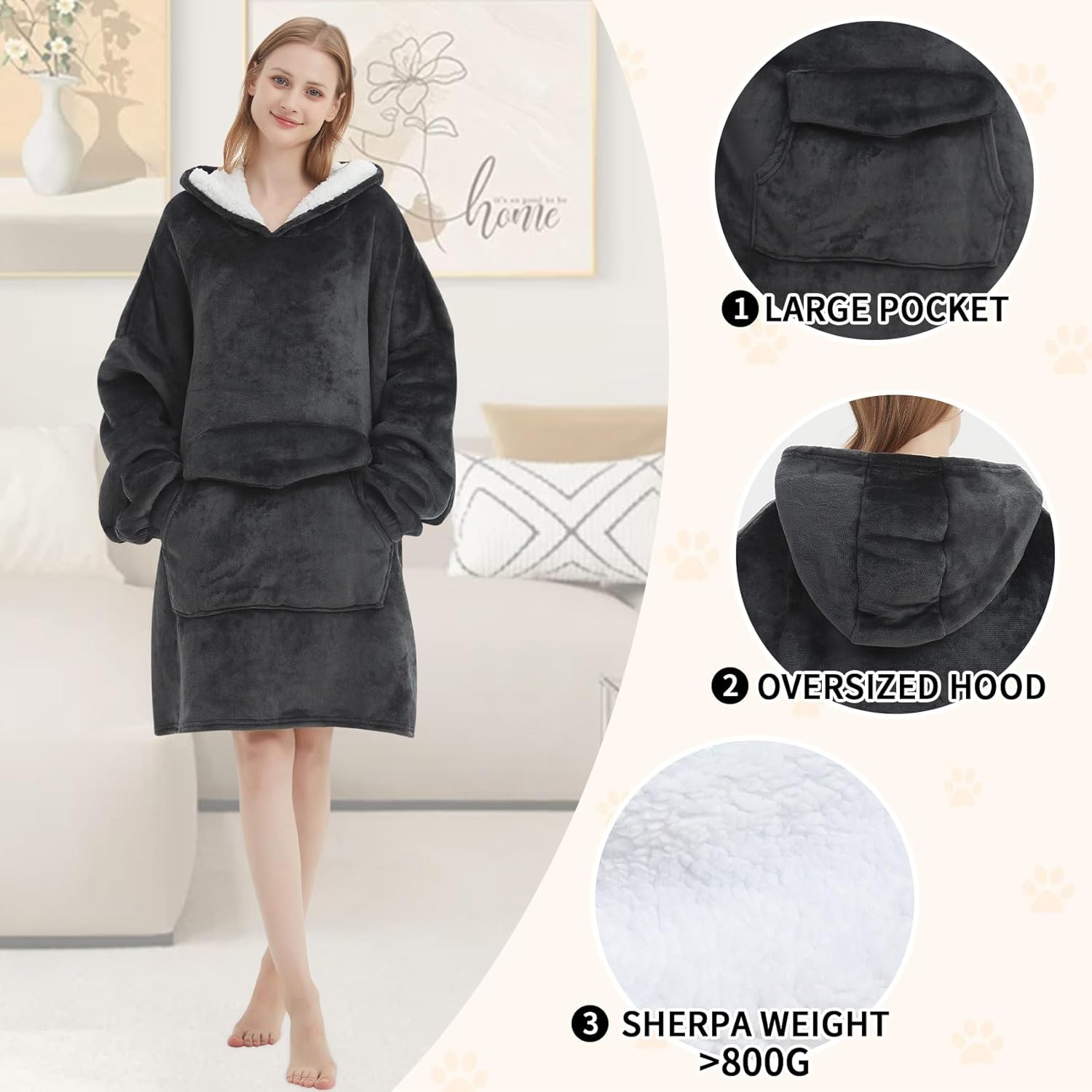 Wearable Blanket Hoodie for Adult,Oversized Sherpa Fleece Blanket Hoodie for Women Men,Grey