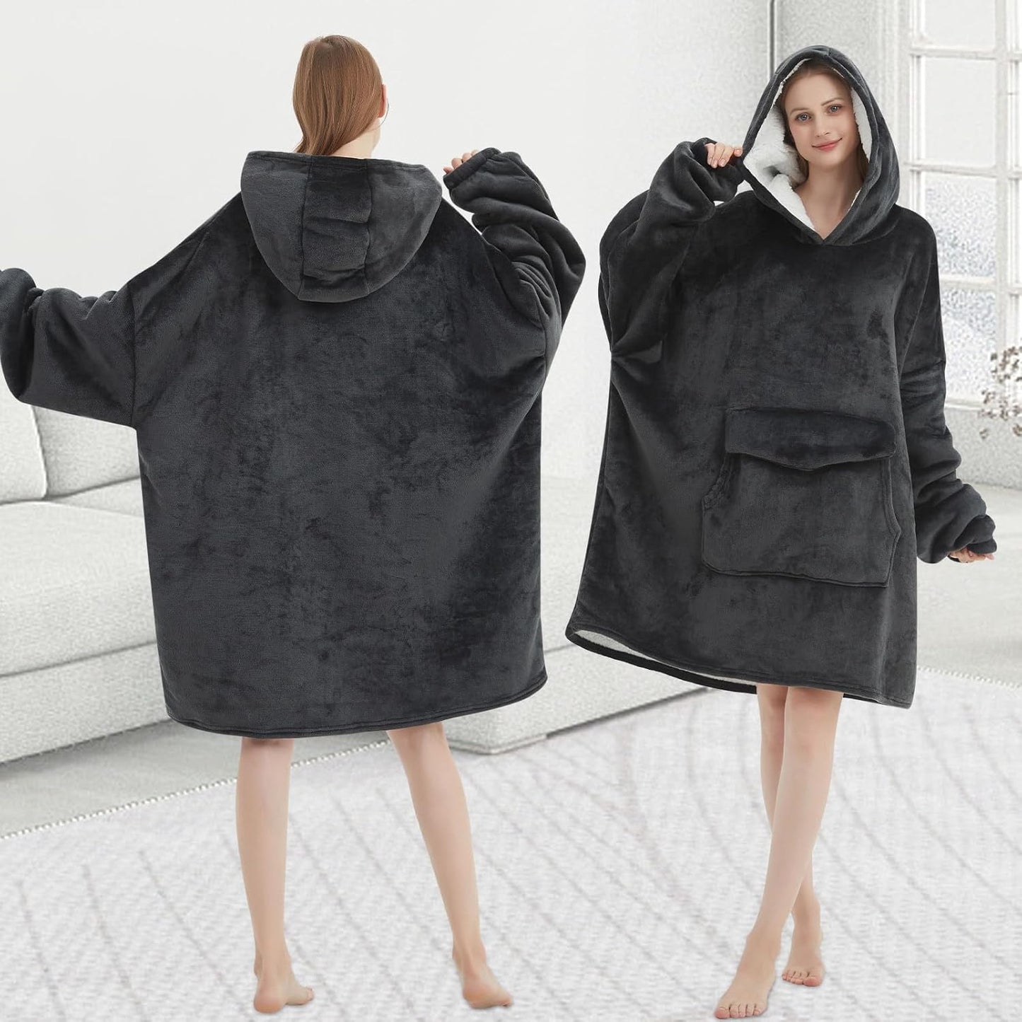 Wearable Blanket Hoodie for Adult,Oversized Sherpa Fleece Blanket Hoodie for Women Men,Grey