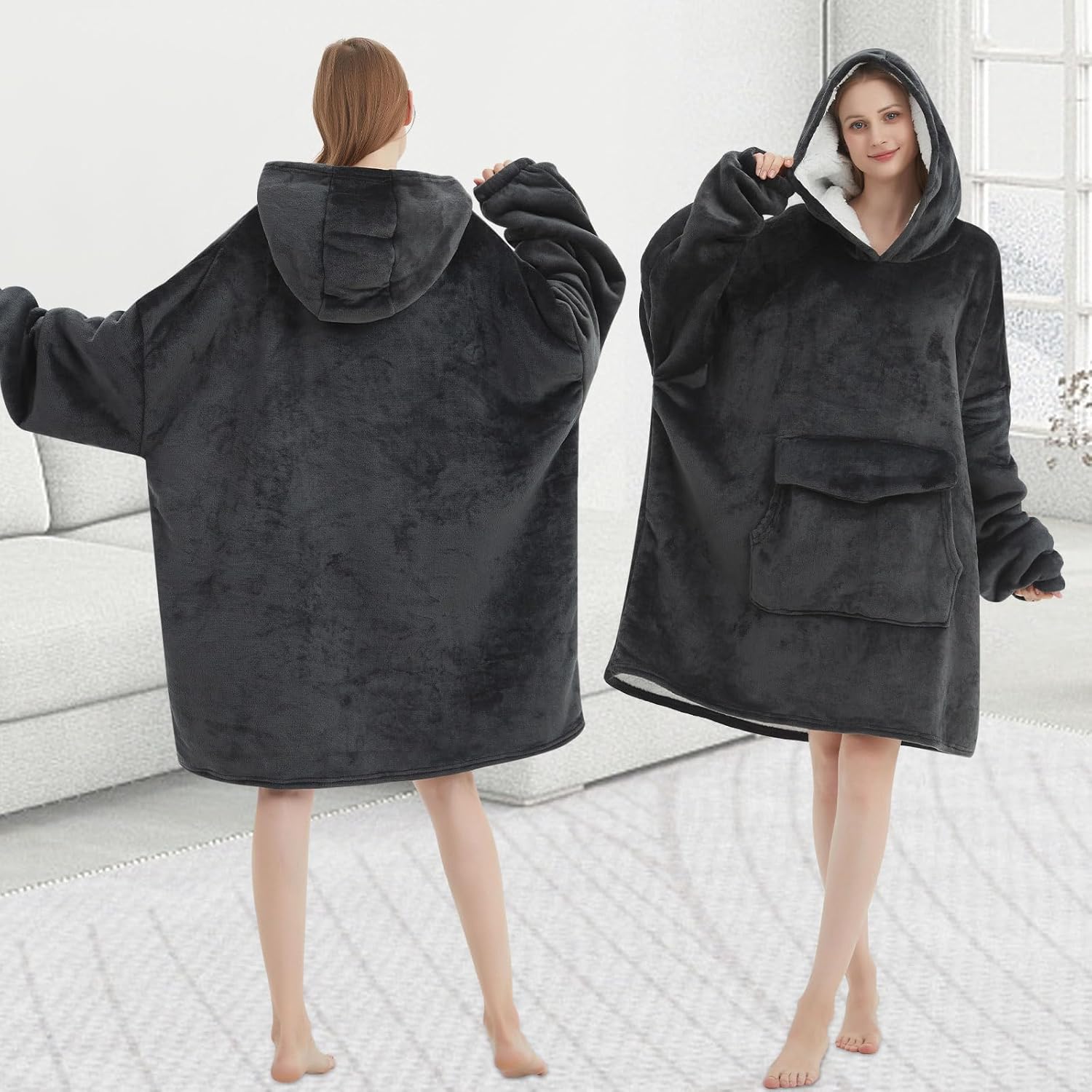 Wearable Blanket Hoodie for Adult,Oversized Sherpa Fleece Blanket Hoodie for Women Men,Grey