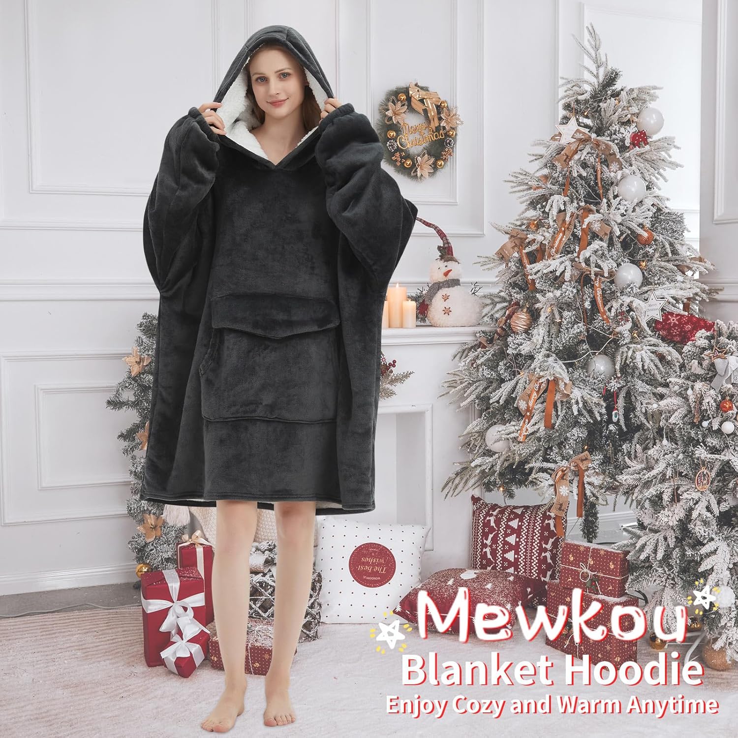 Wearable Blanket Hoodie for Adult,Oversized Sherpa Fleece Blanket Hoodie for Women Men,Grey